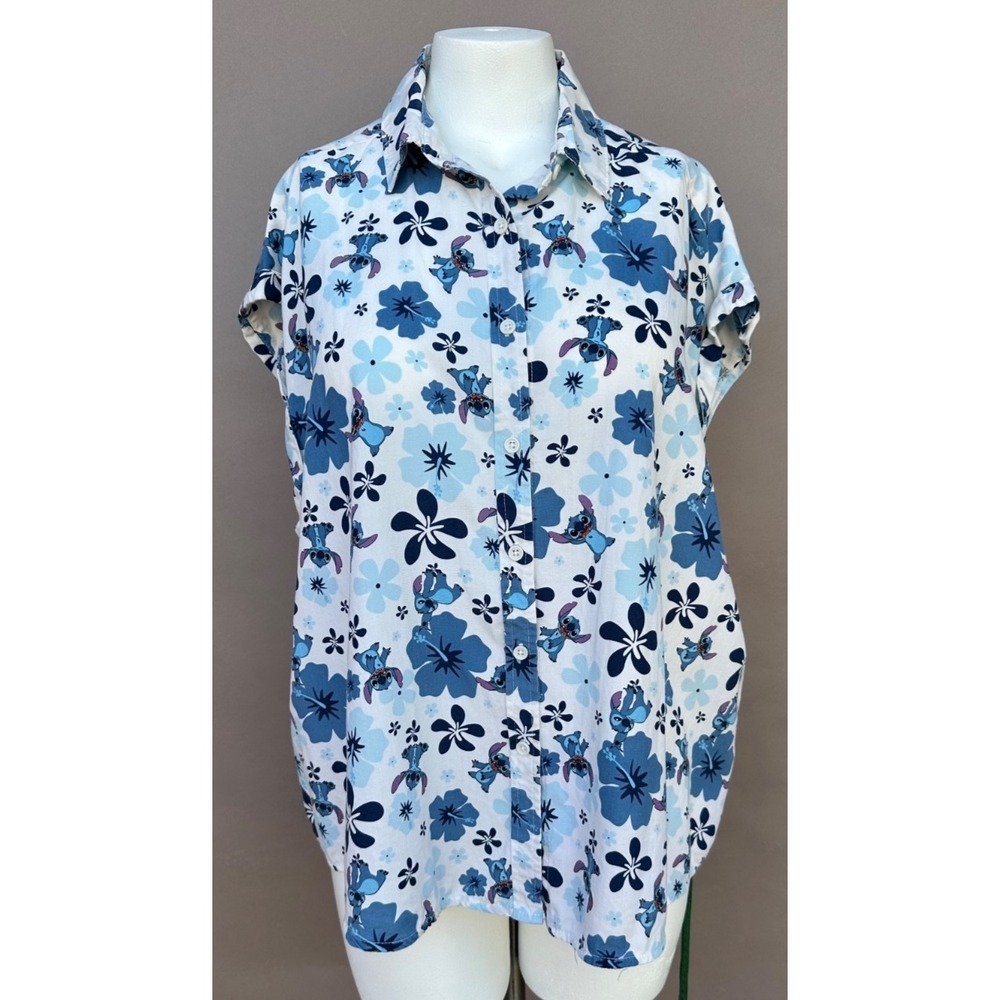 Disney Lilo & Stitch Hawaiian Shirt Women's 1X Button Up Sleeveless Aloha Resort
